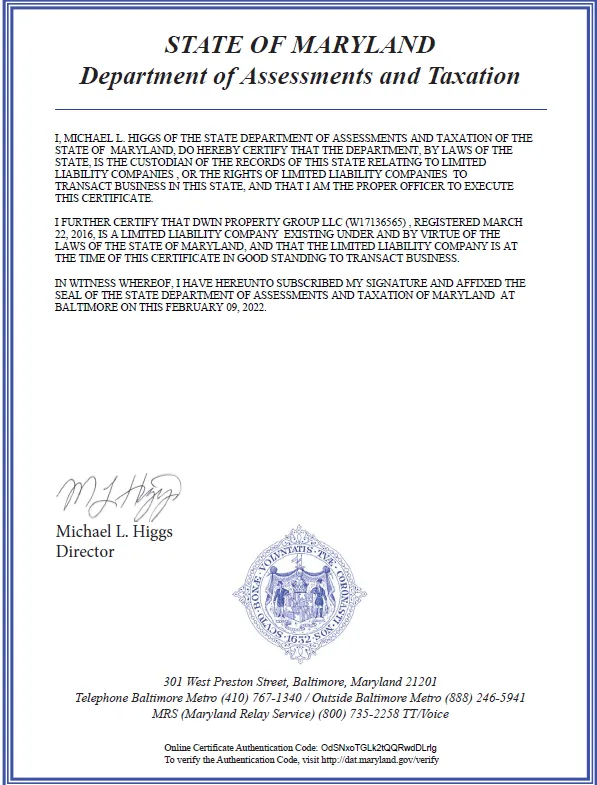 State of Maryland - Certificate of Status State of Maryland - Certificate of Status